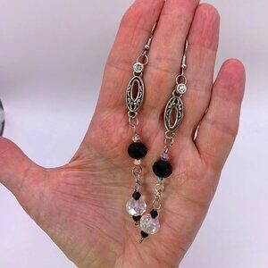 Black & Clear Faceted Crystal Bead Long Dangle Handmade Pierced Earrings LA106